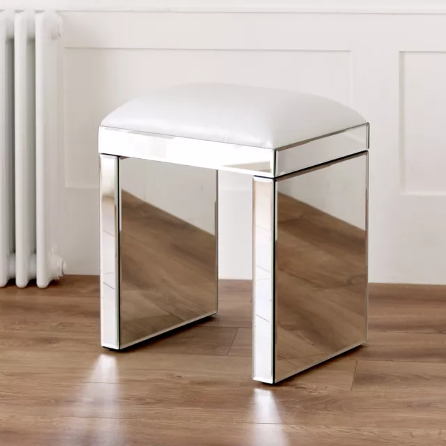 Venetian Mirrored Stool with White Seat Pad - Glass Dressing Table - VEN05W