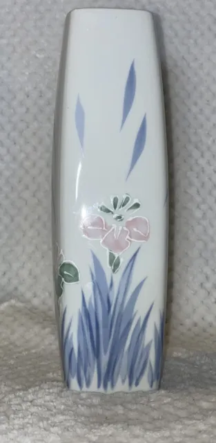 Iris Brand  Japan Antique White Vase Pastel Blue & Pink Floral Design 9 1/2"Tall