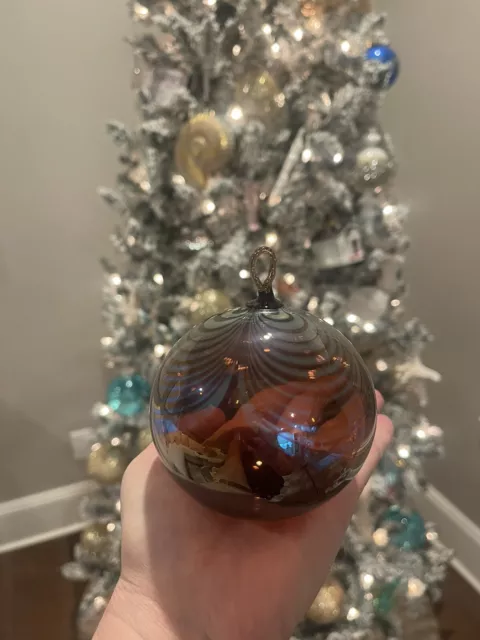 Ornate Hand Blown Art Glass Christmas Tree Ball Ornament Vintage Dark Amber EUC