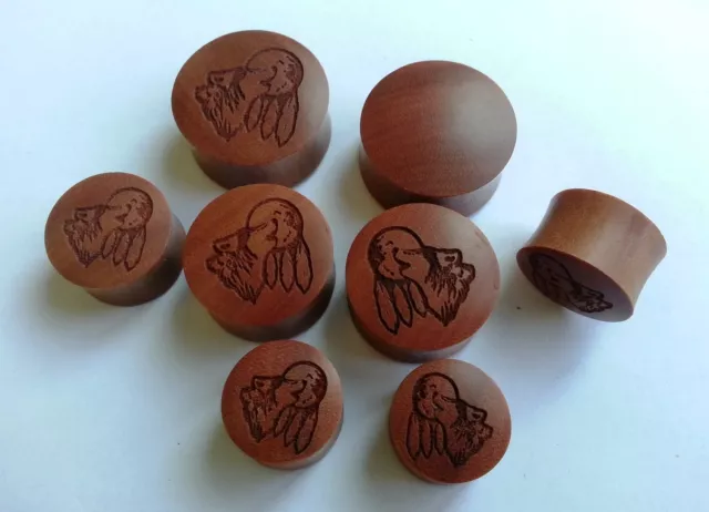 Pair ORGANIC Handmade Howling Wolf Moon Saba Wood Saddle Ear Plugs Tunnel Gauges 2