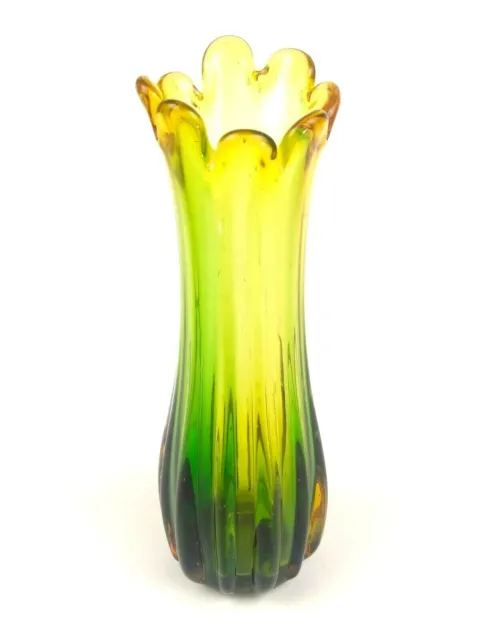 9.5" Hand Blown Glass Vase Green & Amber Scalloped Ribbed Art Glass Murano Style