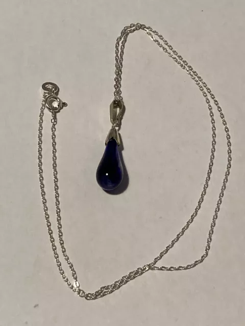 Vintage Dainty Sterling Silver & Bristol Blue Glass Drop Pendant 42cm Necklace.