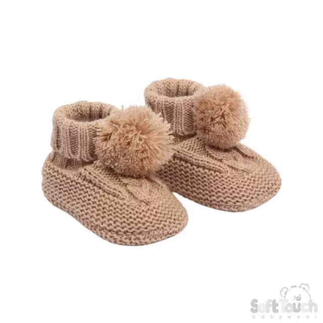 Baby Knitted Cable Pom Pom Booties Boy & Girl White Blue Pink Elegance 0-6-12 Ms