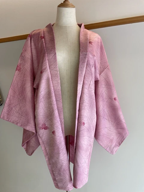 H&A Silk pink flower HAORI Vintage Japanese KIMONO Dress cardigan Yukata women