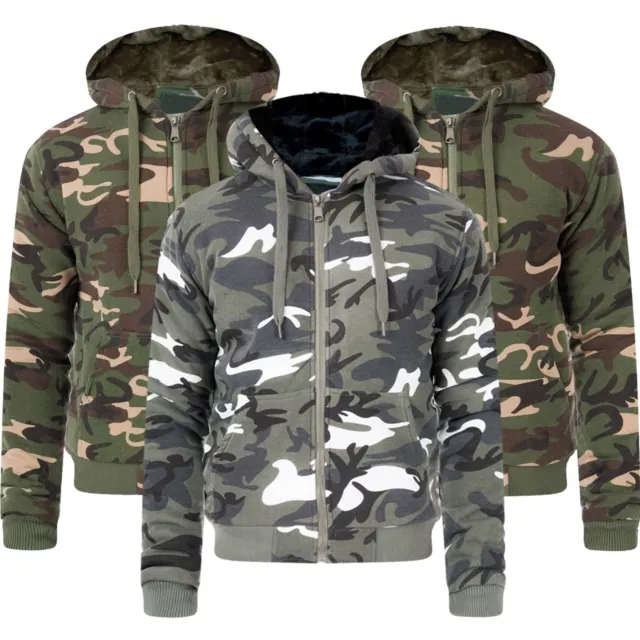 Mens Camo Army Fur Lined Winter Hoodie Jacket Thick Sherpa Fleece Hooded Zip Top