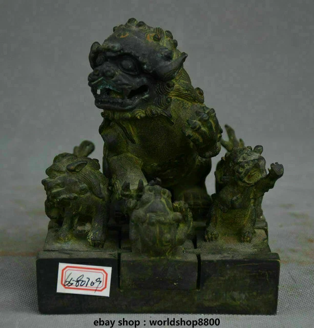 5.2" Antique OId Chinese Bronze Dynasty Palace Lion Dog Seal Stamp Signet Statue