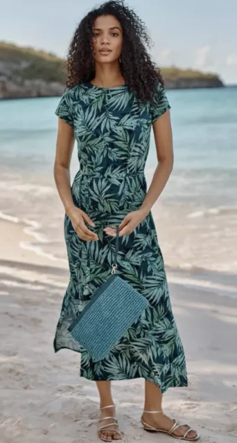 J. Jill Maxi Dress Womens Large Blue Green Tropical Palms Belted Side Pockets