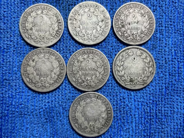 Lot de 7 pièces de 2 Francs Céres 1870 K Sans Lég. à 1887