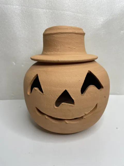 Halloween HTF Vtg 6" Original Hewell Pottery Terra Cotta Pumpkin w/ Hat VGC Nice