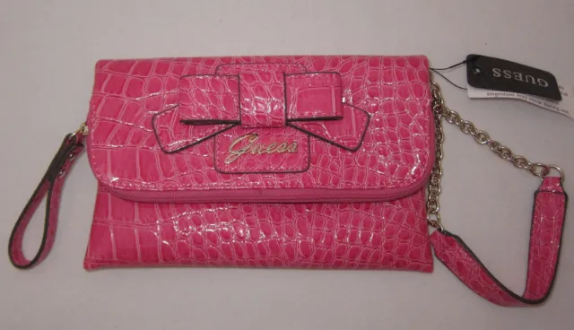 GUESS Lulin Clutch Wallet Purse Mini Bag Wristlet Organizer Croco Bow Pink New
