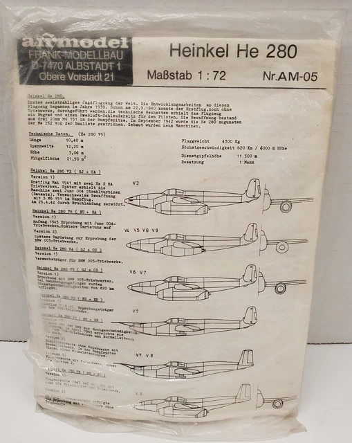 AIRMODEL HEINKEL HE 280t Vacuform Model Airplane Kit 1:72 Scale Kit AM ...