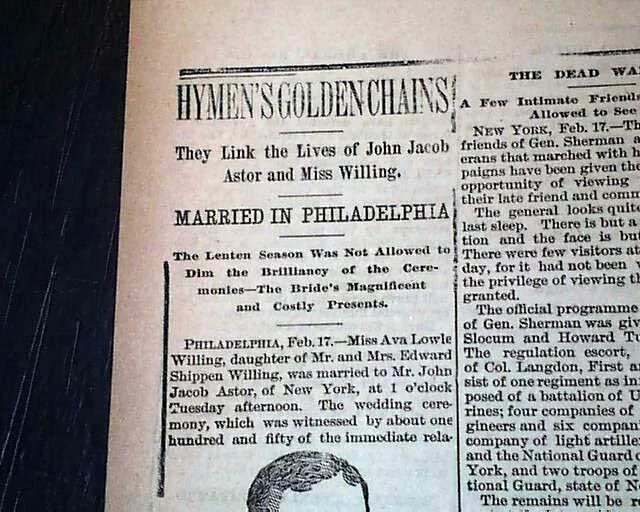 JOHN JACOB ASTOR IV Titanic Sinking Fame WEDDING Marriage Weds 1891 Newspaper