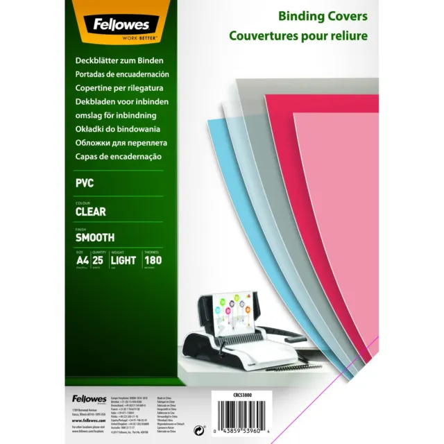Fellowes A4 Binding Covers, PVC 180 Micron, Clear, Pack of 25, 5380001 A4 (Pack
