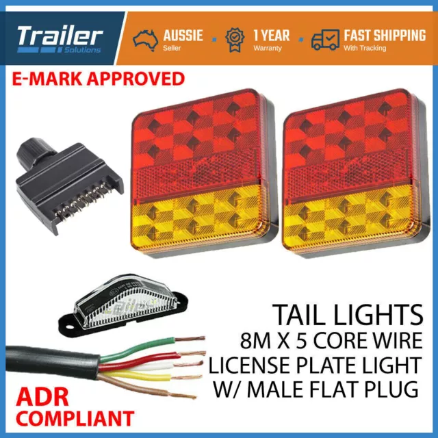 Pair of 12 LED TRAILER LIGHTS KIT, 1x NUMBER PLATE, PLUG, 8M x 5 CORE CABLE 12V