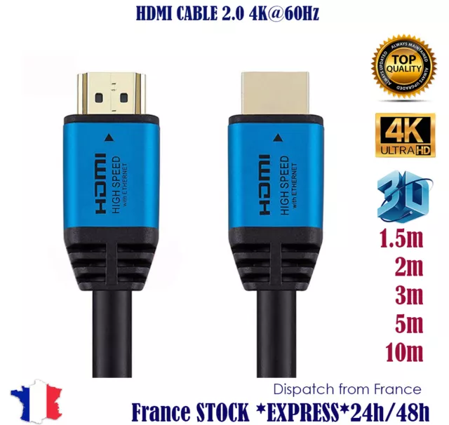 CÂBLE HDMI HD v2.0 Haute Vitesse 4K 2160p 3D 1m/2m/3m/4m/5m/7m/10m nylon  coton EUR 8,99 - PicClick FR