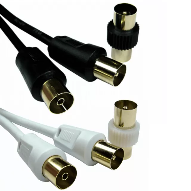 1M - 10M Coaxial TV Aerial Lead Cable & Coupler - RF Television Extension Gold