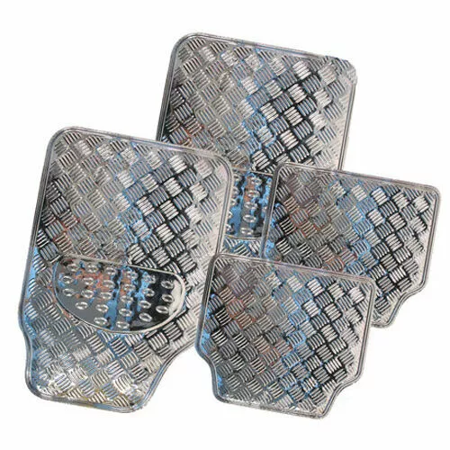 4pc SILVER ALLOY CHECKER PLATE MAT ALUMINIUM EFFECT CAR MATS SET VAN 2