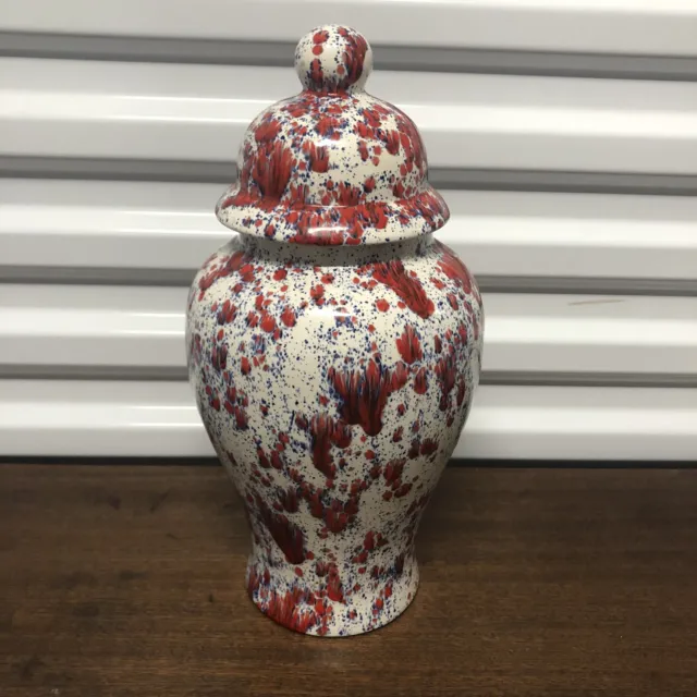 Red Blue White Speckle Splatter Glaze 14" Tall Art Pottery Lidded Ginger Jar Urn
