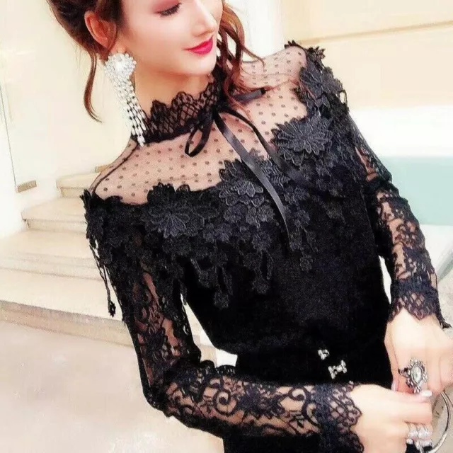 Ruffels Lady Lace Shirt Tops Pullover Blouse Hollow Mesh T-shirt Embroidery