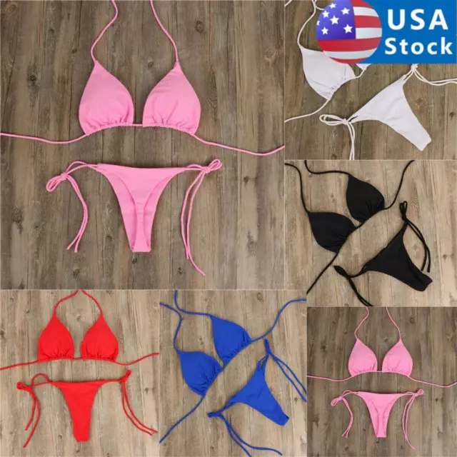 Women Sexy Thong Bikini Set Side Tie Halter Neck Swimsuit Bandage Swimwear US