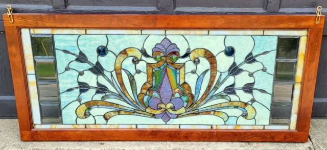 Stained Jeweled Beveled Glass Window 25x57" GORGEOUS High Quality Vintage