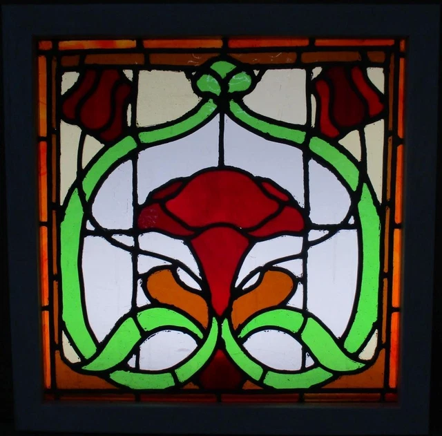OLD ENGLISH LEADED STAINED GLASS WINDOW Beautiful Floral 21.5" x 21.5" 2