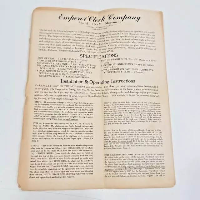 Emperor Clock Company Model 100M Movement Assembly Instructions & Specs