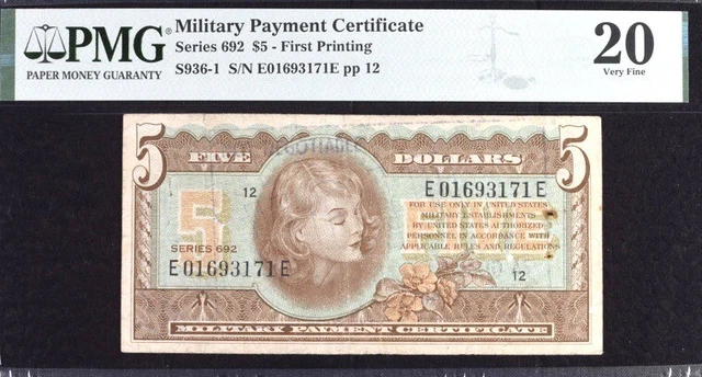 Military Payment Certificate $5 Series 692 First Printing PMG 20 VF Note