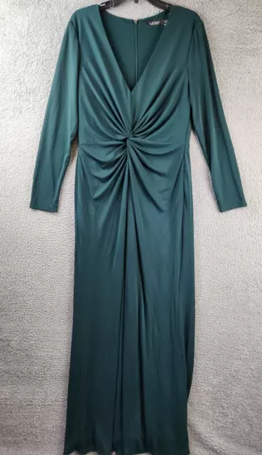 Lauren Ralph Lauren Twist-Front Jersey Gown Women's 14 Green V-Neck Back Zip L/S 2