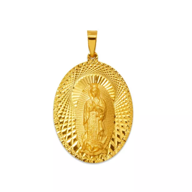 Virgin Mary Miraculous Medal Lady of Guadalupe Oval Pendant Solid 14K Real Gold