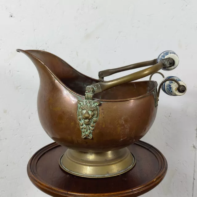 Vintage Copper Coal  Scuttle with Ceramic Handles  Kindling Plant Pot