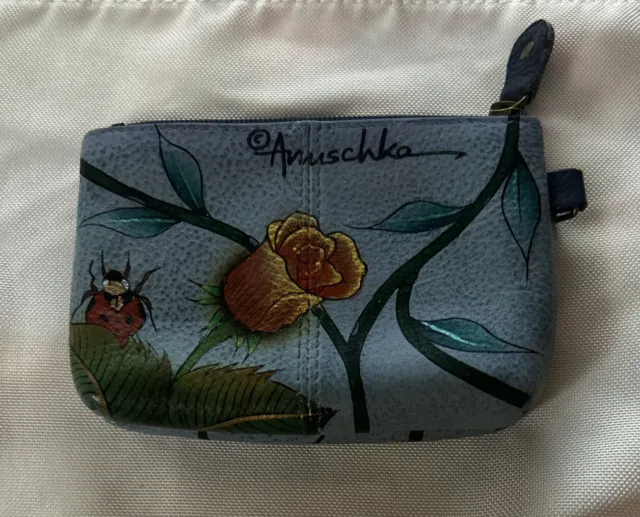 Anuschka Signed "flowers , Butterfly And Lady Bug Leather Coin Purse/Wallet