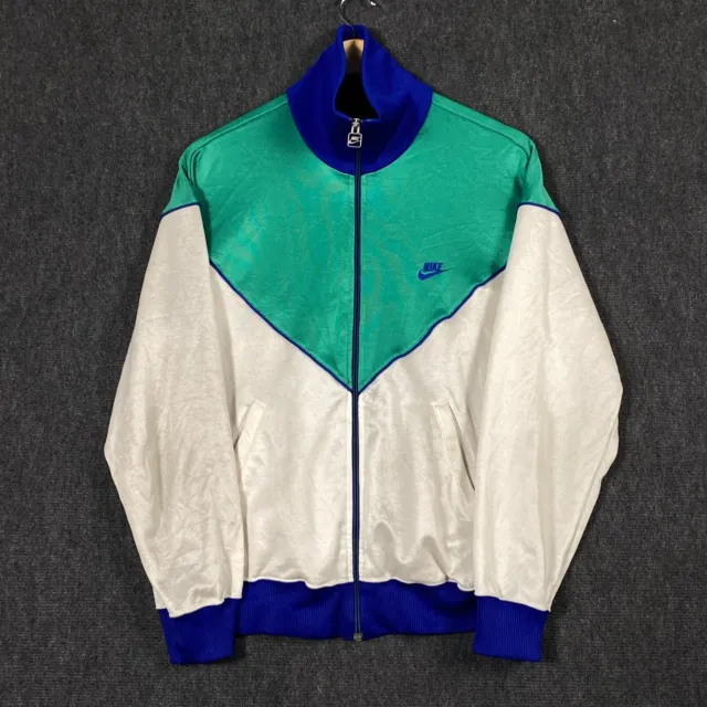 Nike 80s Mens Color Block Jacket Off White Teal Blue Large Full Zip Pockets Logo