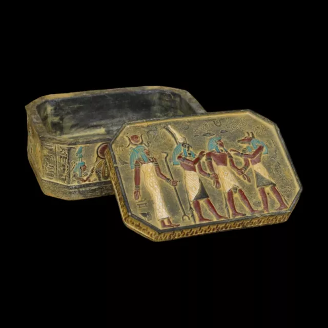 RARE ANTIQUE ANCIENT EGYPTIAN Jewelry Box God Anubis Goddess Isis Stone