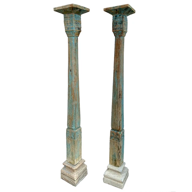 Pair Antique Indian Blue Paint Teak Limestone Architectural Columns 19th Century