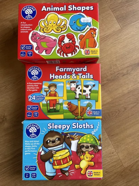 3 X Orchard Toys Educational Games Inc Animal Shapes, Sleepy Sloths, Farmyard He