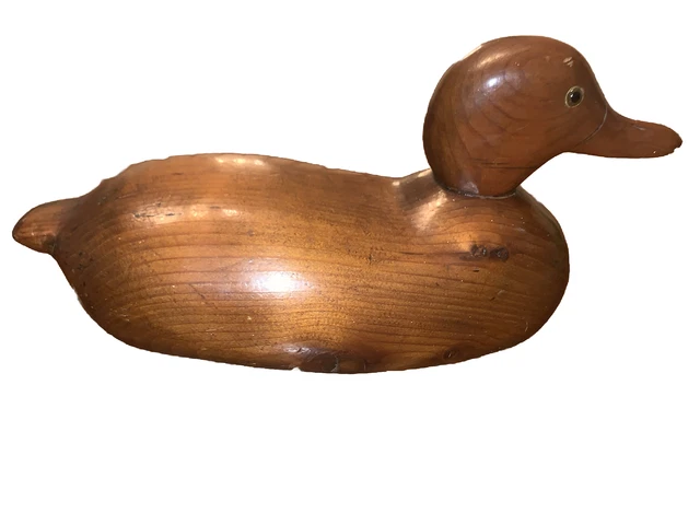 Vintage Hand Carved Solid Wood Duck Decoy With Glass Eyes