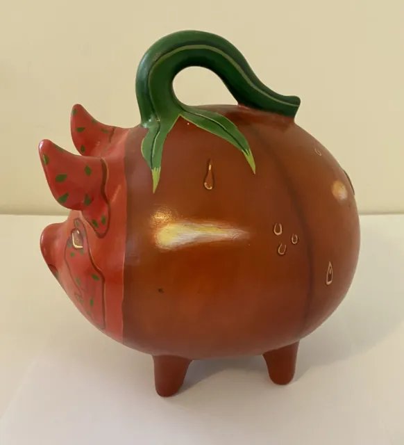 Vintage FOLK ART Mexican Pottery Ceramic Piggy Bank Hand Painted Tomato
