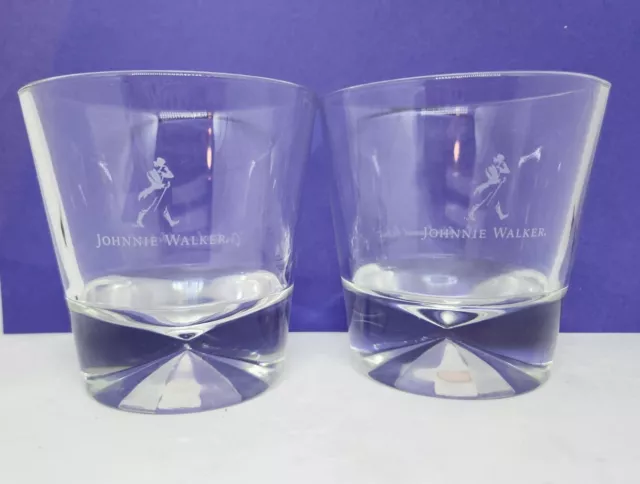 JOHNNIE WALKER Prism Base Etched Logo Walker Old Fashioned Rocks Glass Set Of 2