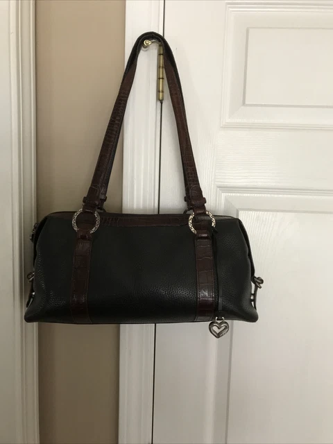 Brighton Black & Brown Pebbled Leather Croc Embossed Trim Shoulder Bag