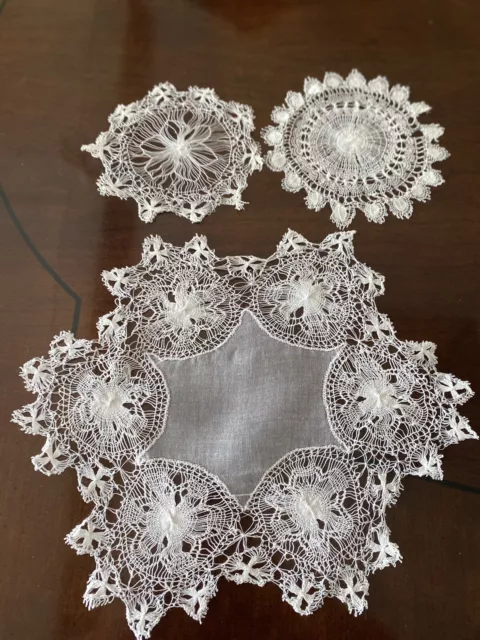 Fabulous Antique Handmade TENERIFE Lace DOILIES w/Maltese Cross 1 @ 10" & 2 @ 5"