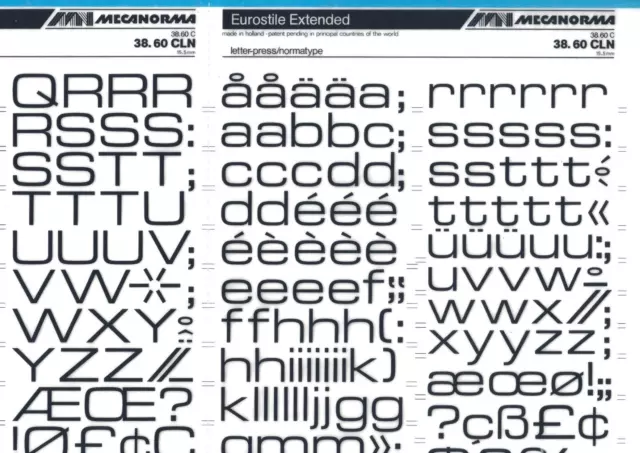 Hoja de Letras de Transferencia MECANORMA A3 #725 EUROSTIL EXTENDIDA 15,5mm