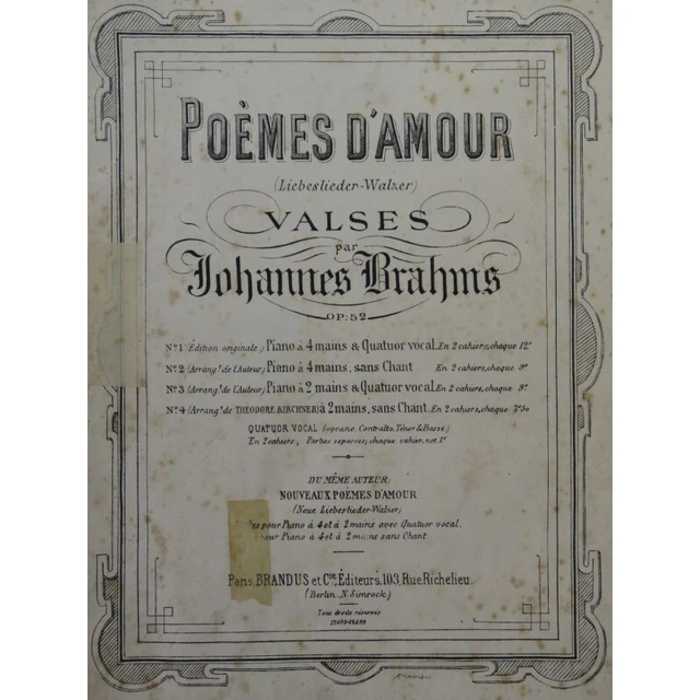 BRAHMS Johannes Poemes d Amour Chant Piano ca1880