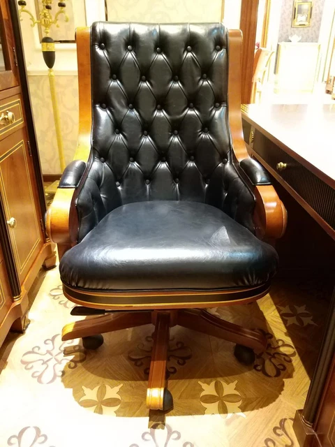 Fauteuil De Bureau Vintage Chesterfield En Cuir Marron - Tournant Et Assemblé