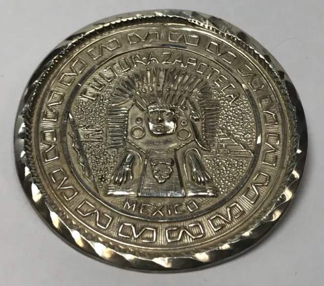 Large Vintage Sterling Silver Cultura Zapoteta Medallion Pendant Mexico Aztec
