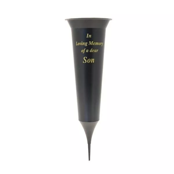 Memorial Plastic Black Flower Vase Grave Crem Spike Vase 'In loving memory Son'