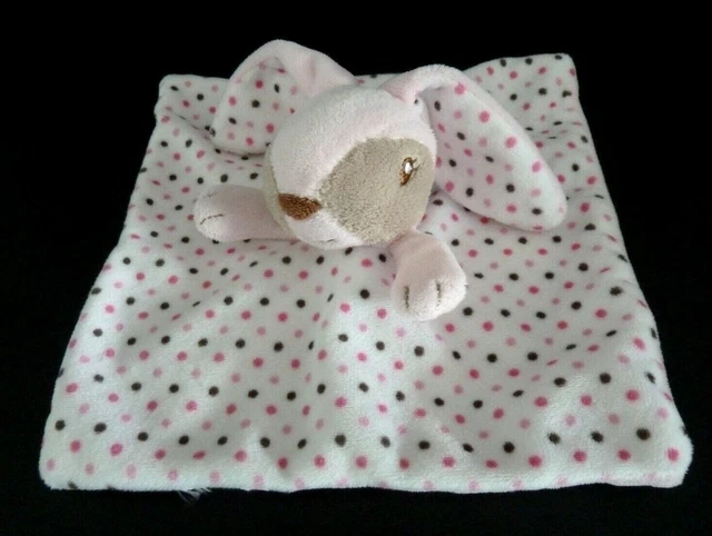 Dc3- Doudou Plat Lapin Rose Blanc Beige Pois Marron Carre -  Etat Neuf *