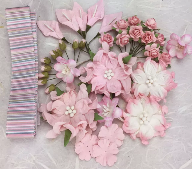 36 Quality PALE PINK MIX Mulberry Paper Flowers Ass Sizes & Designs + 1m Ribbon