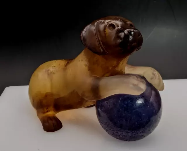 DAUM PATE DE VERRE France Studio Glass Dog With A Ball Figurine / Sculpture