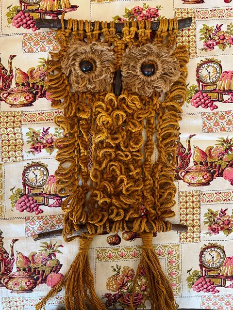 Vtg Mcm 1960 1970'S Boho Macrame Owl Big Eyed 23" Long Wall Art Orange Brn Rare